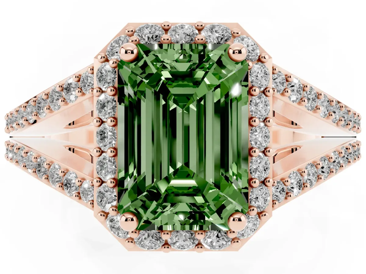 Fancy Green Emerald Cut Halo Split Shank Diamond Ring with Prong Setting Rose gold