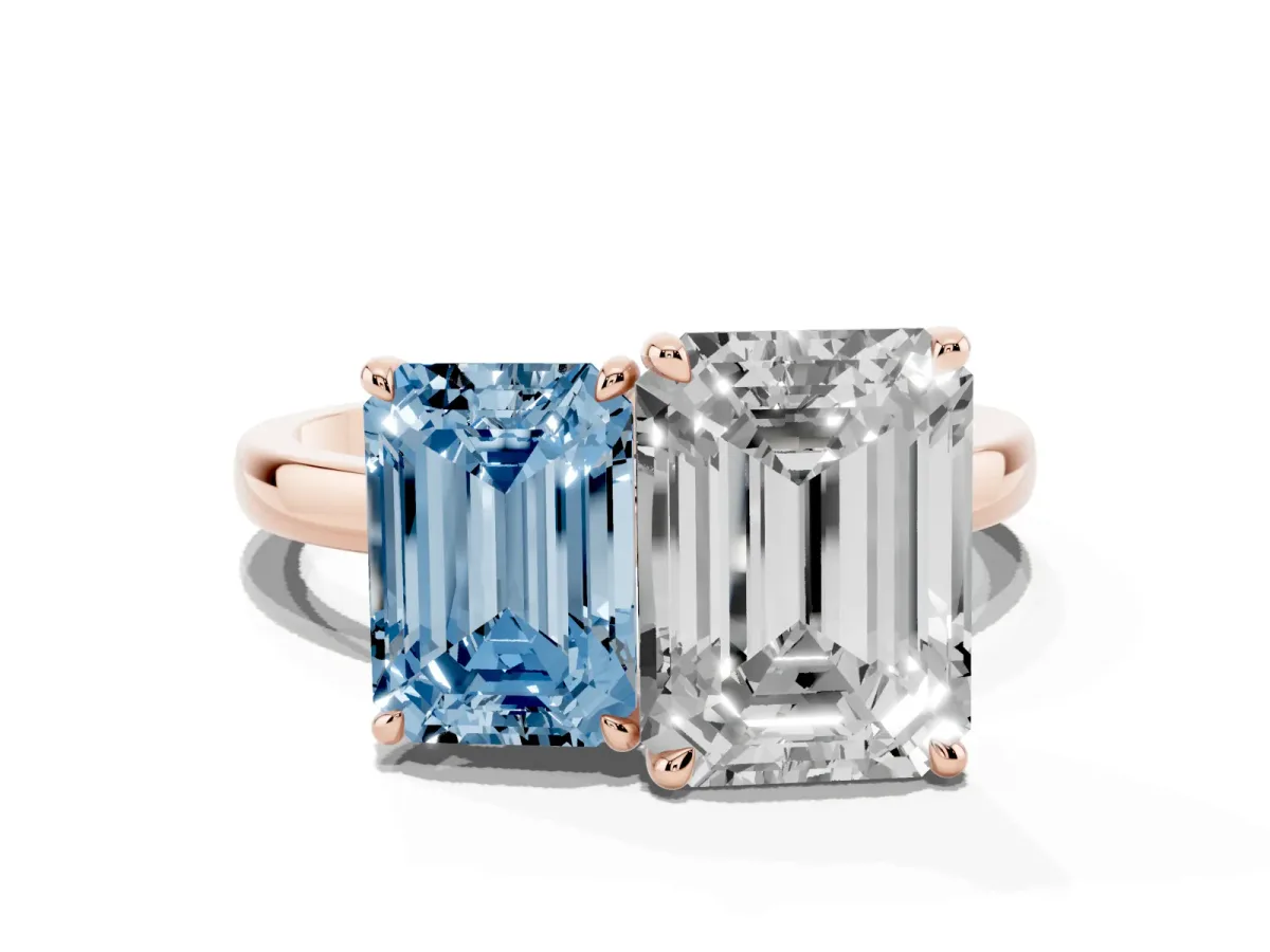 Fancy Blue Emerald Cut and Emerald Cut Toi Moi Ring with Prong Setting Rose gold
