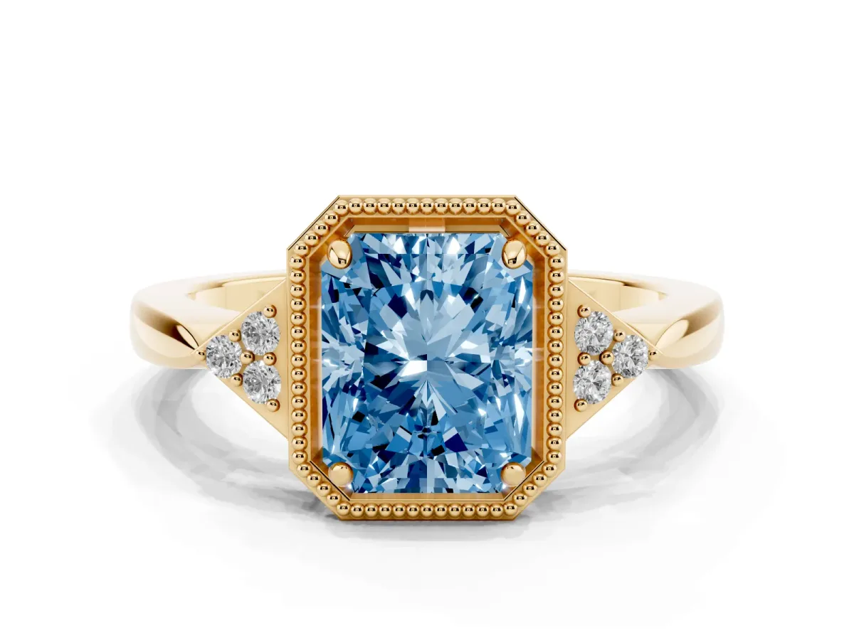 Fancy Blue Hexagonal Halo Radiant Cut Diamond Solitaire with Pavé Band and Four-Prong Setting Yellow gold