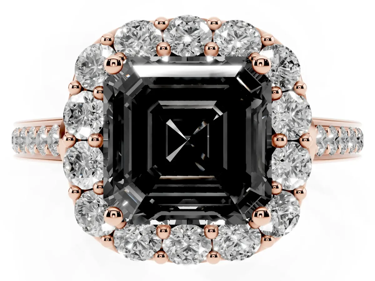 Fancy Black Asscher Cut Diamond Floral Halo Ring with Pavé Band and Prong Setting Rose gold