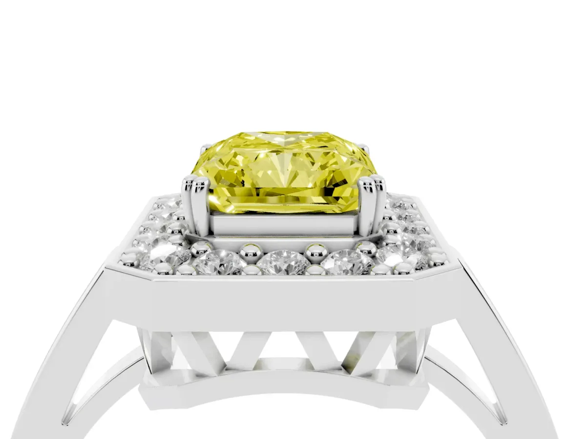 Fancy Yellow Radiant Cut Diamond Halo Ring with Split Shank and Four-Prong Setting Silver
