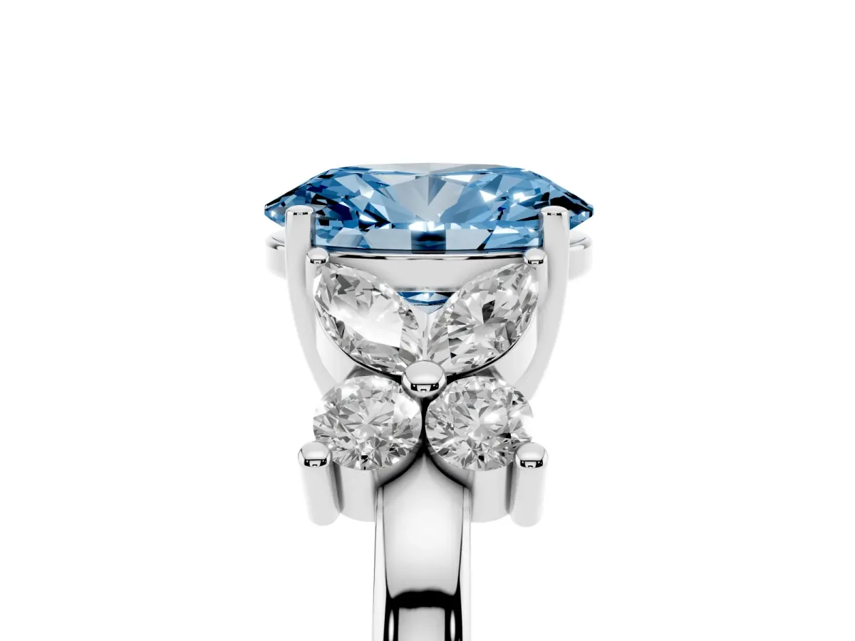Fancy Blue Oval Cut Diamond Floral Cluster Ring with Solitaire Band and Prong Setting Silver