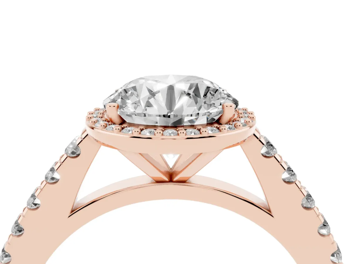 Round Cut Cut Halo Diamond Engagement Ring with Pave Band and Four-Prong Setting Rose gold
