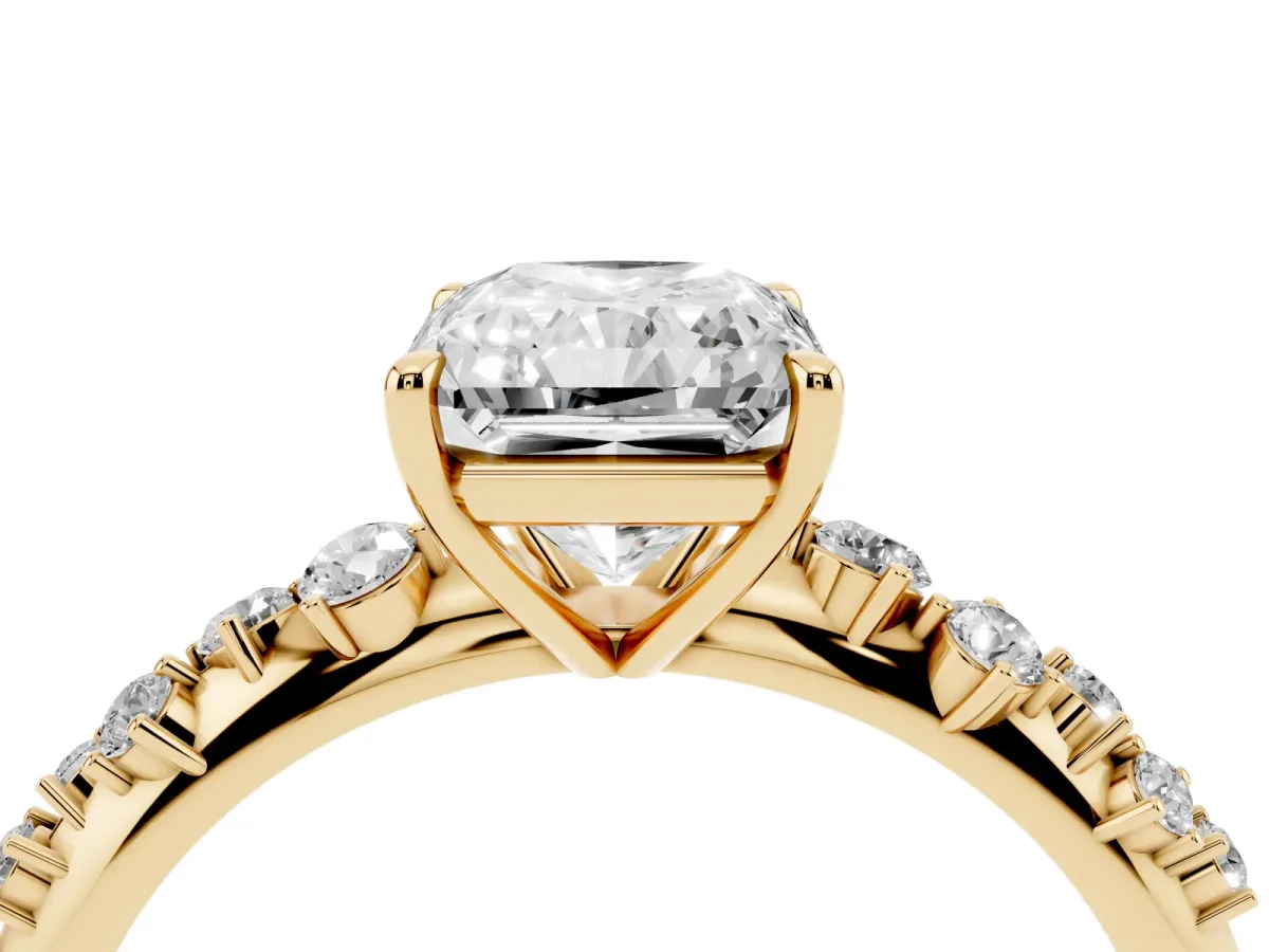 Radiant Cut Diamond Cluster Side Stone Solitaire Ring with Prong Setting Yellow gold