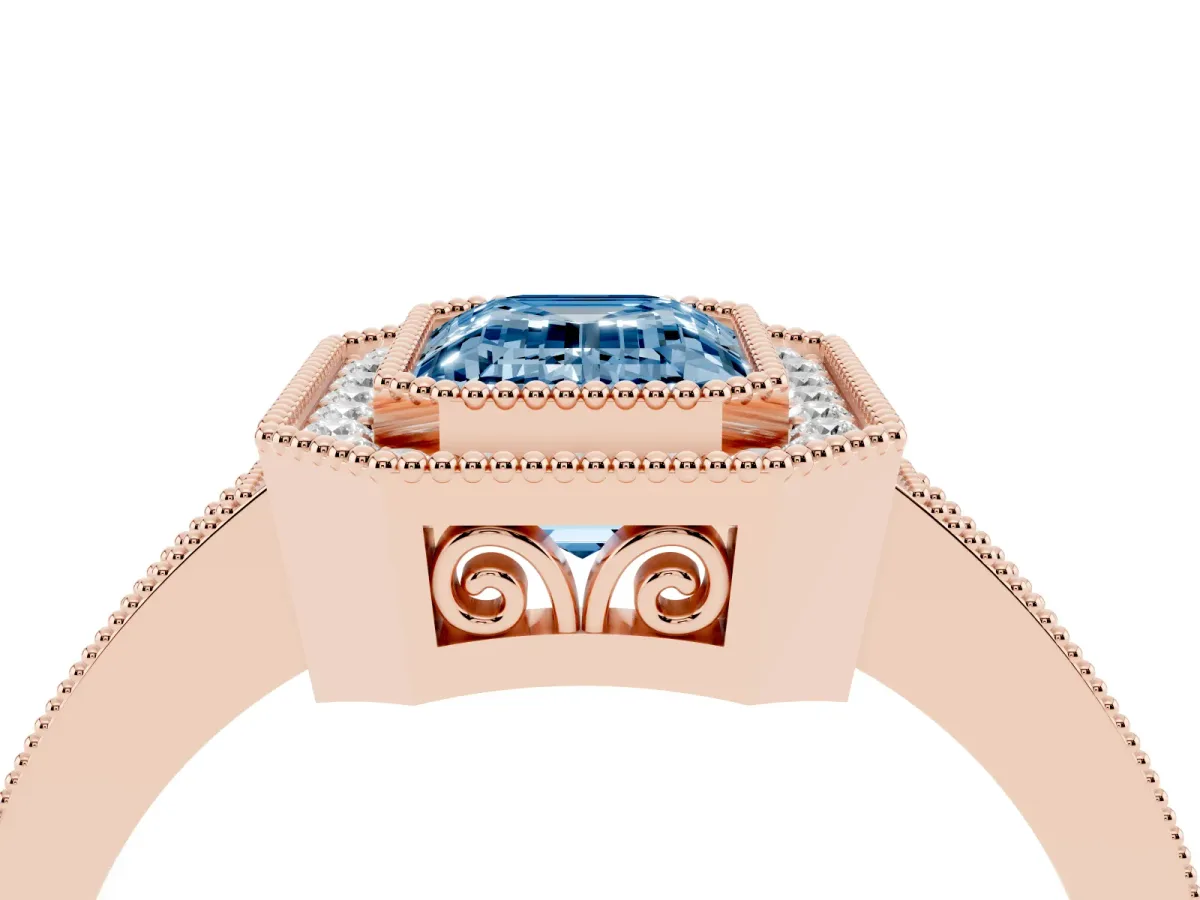 Fancy Blue Emerald Cut Cut Halo Diamond Ring with Pavé Band and Milgrain Prong Setting Rose gold