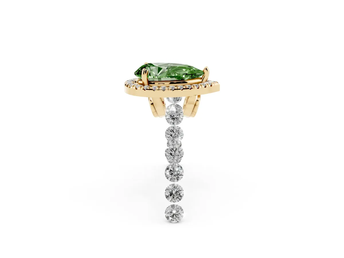 Fancy Green Pear Cut Halo Pavé Diamond Engagement Ring with Four-Prong Setting Yellow gold