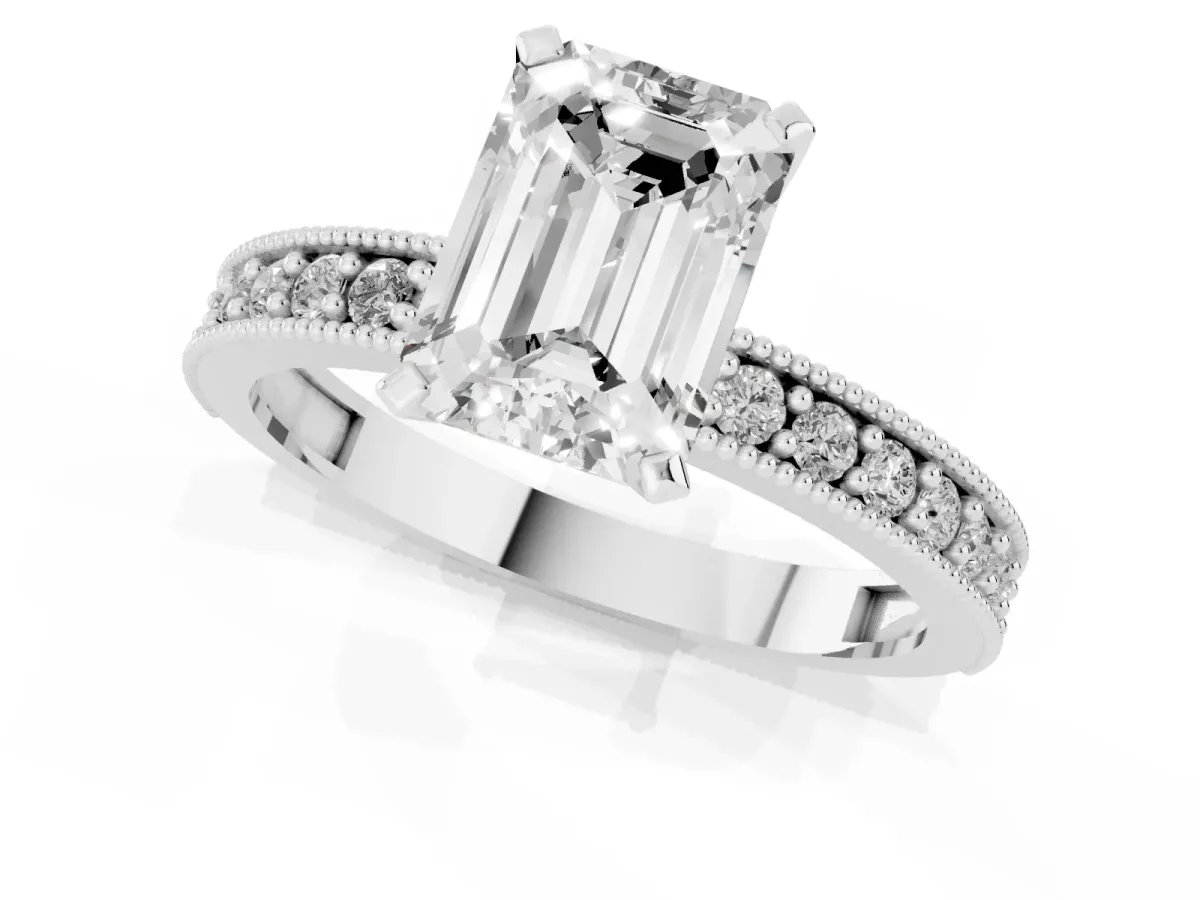 Emerald Cut Diamond Milgrain Pavé Engagement Ring with Four-Prong Setting Silver