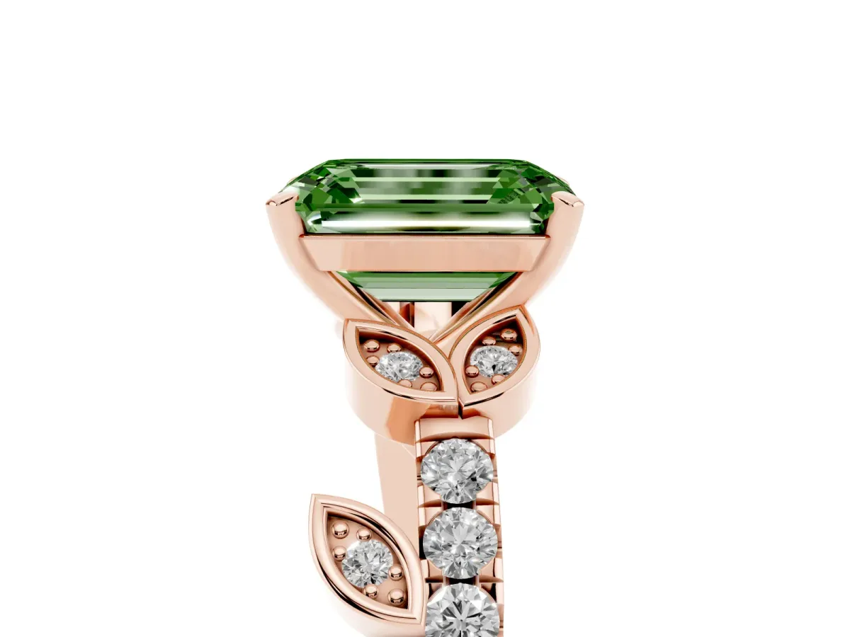 Fancy Green Emerald Cut Solitaire Leaf-Inspired Diamond Ring with Pavé Band and Four-Prong Setting Rose gold