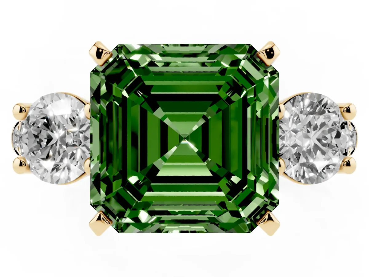 Fancy Green Three-Stone Asscher Cut Diamond Pavé Band with Four-Prong Setting Yellow gold