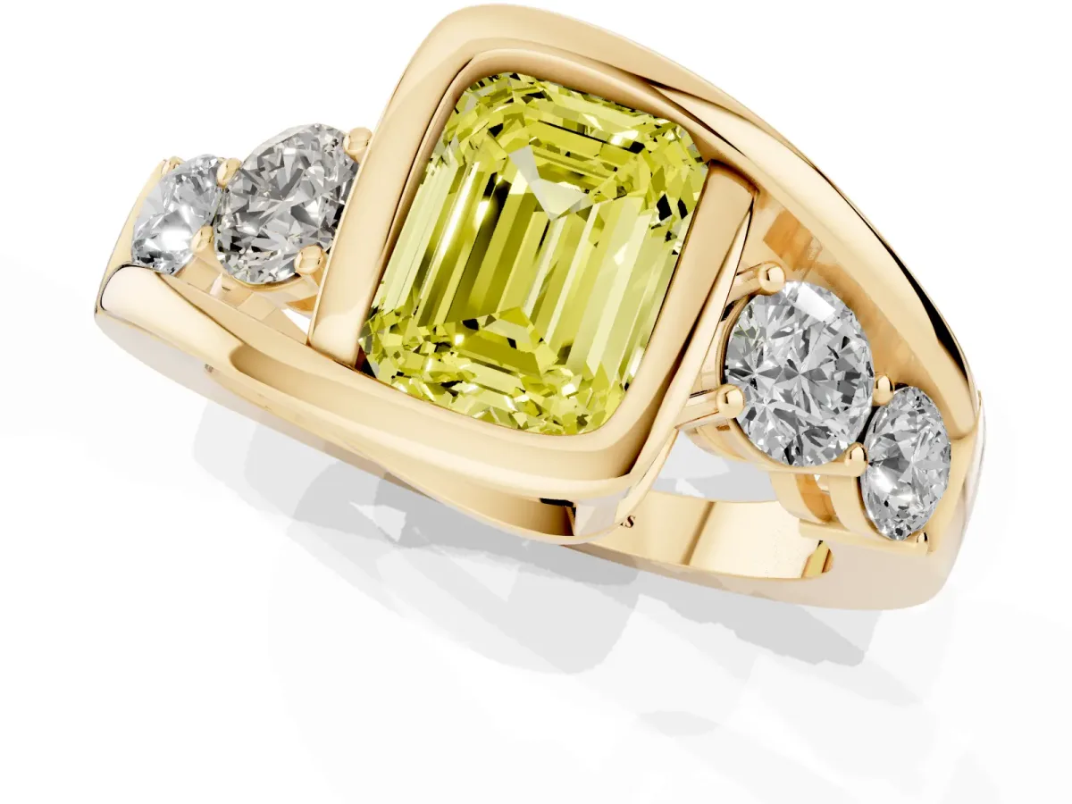 Fancy Yellow Bezel Set Emerald Cut Diamond Bypass Ring with Round Accents Yellow gold
