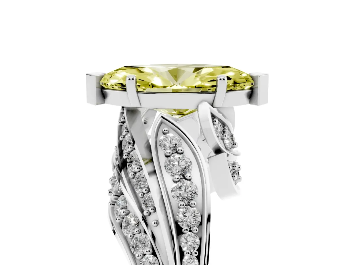 Fancy Yellow Marquise Cut Diamond Solitaire Ring with Prong Setting and Twisted Pavé Band Platinum