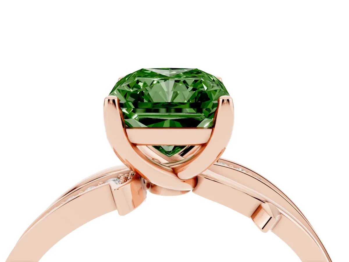 Fancy Green Radiant Cut Solitaire Twist Band with Pavé Accents and Four-Prong Setting Rose gold