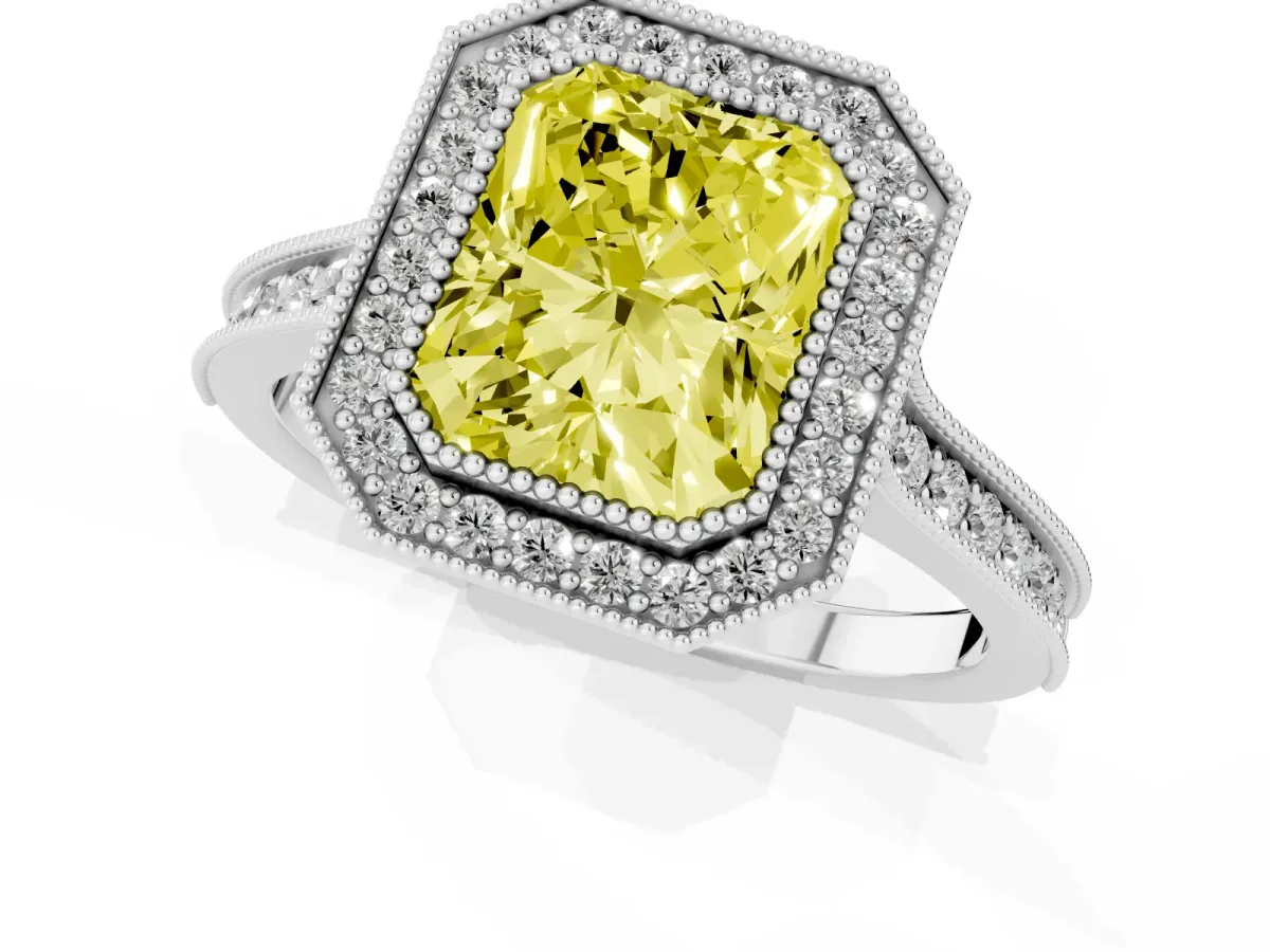 Fancy Yellow Halo Radiant Cut-Cut Diamond Pave Band Milgrain Prong Setting Ring Platinum