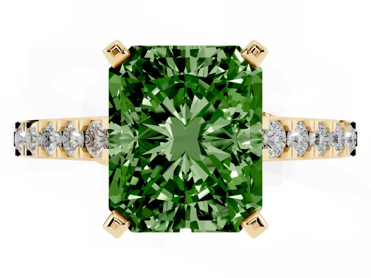 Fancy Green Radiant Cut Diamond Solitaire Ring with Crossover Gallery and Round Pavé Band Yellow gold