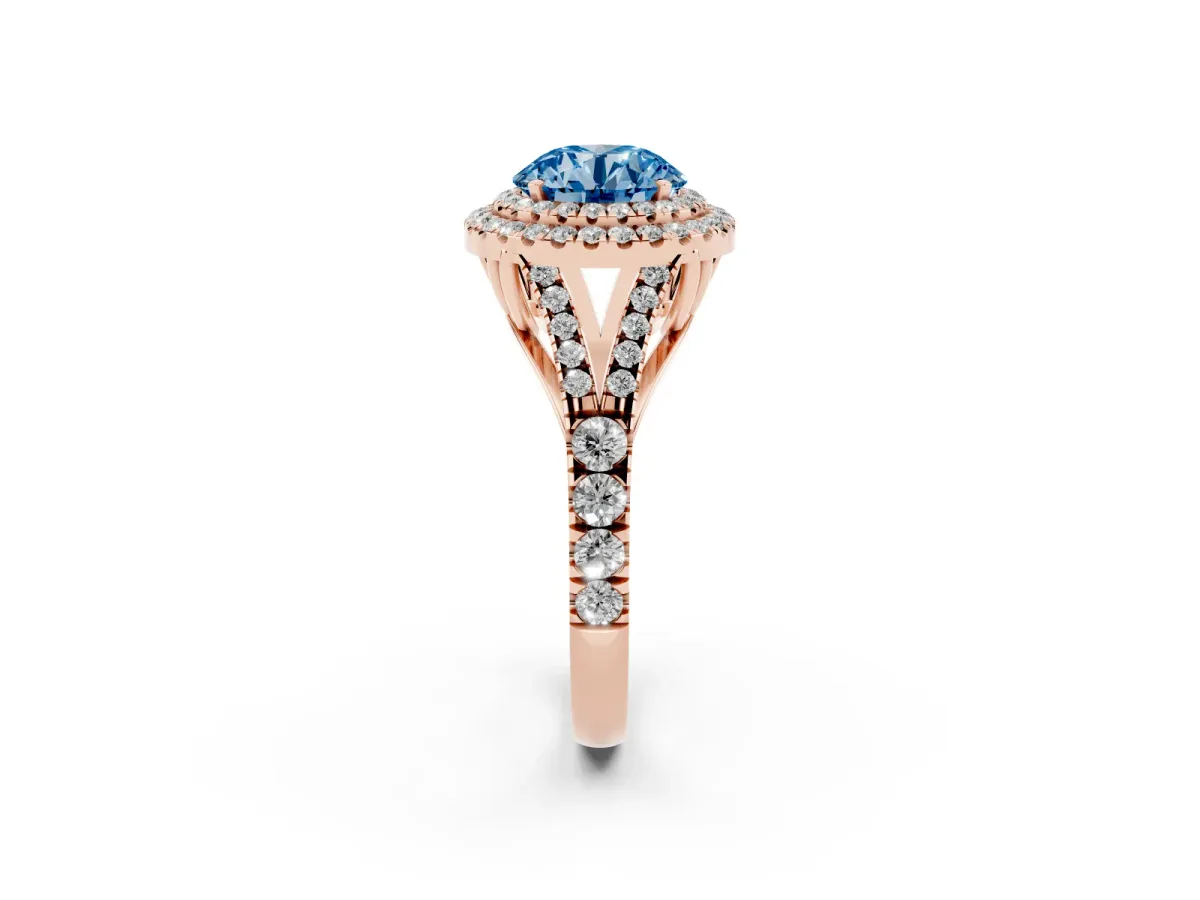 Fancy Blue Round Cut Diamond Double Halo Ring with Split Shank and Prong Setting Rose gold