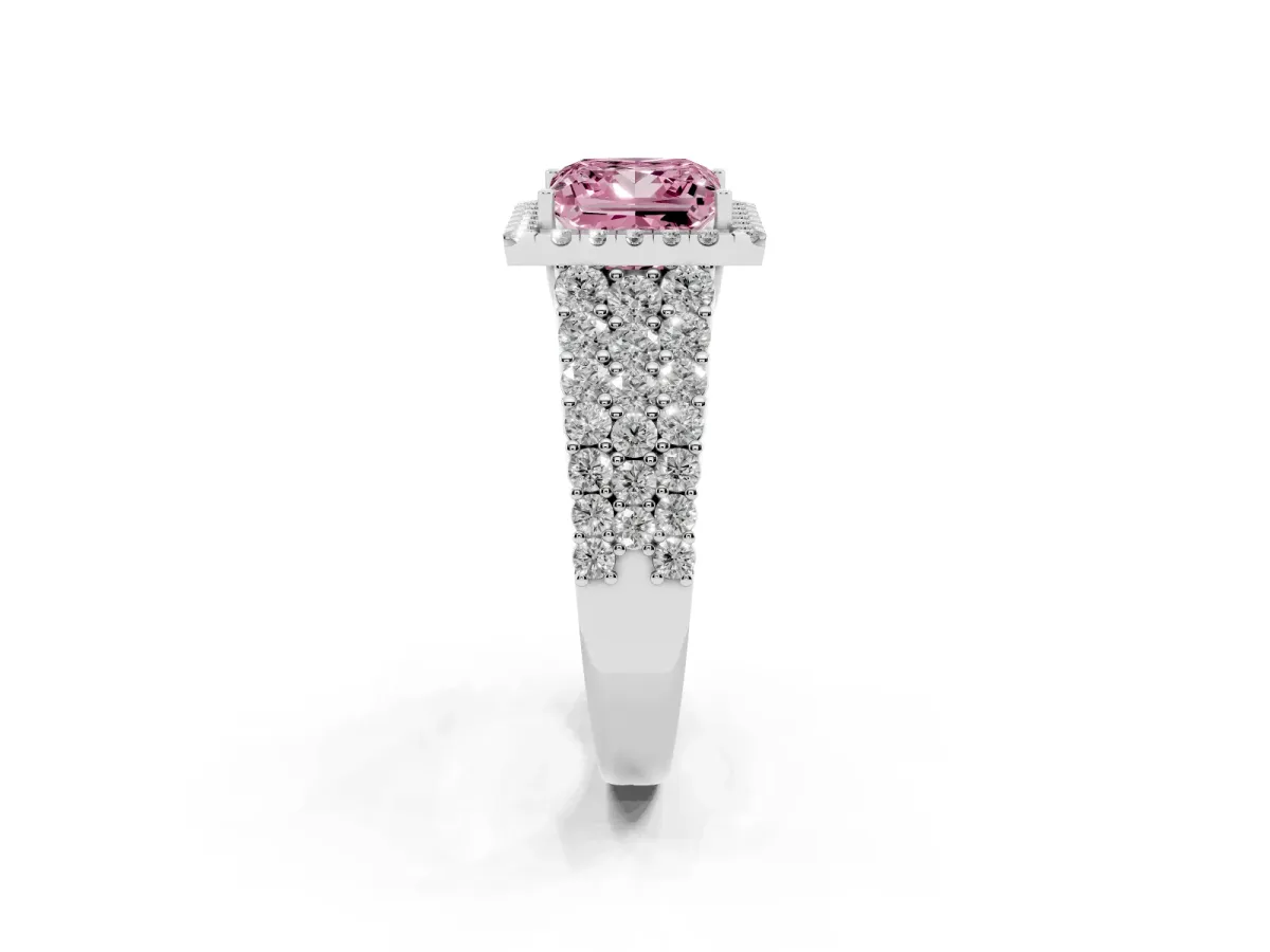 Fancy Pink Princess Cut Diamond Halo Engagement Ring with Triple Row Round Pavé Band and Prong Setting Silver