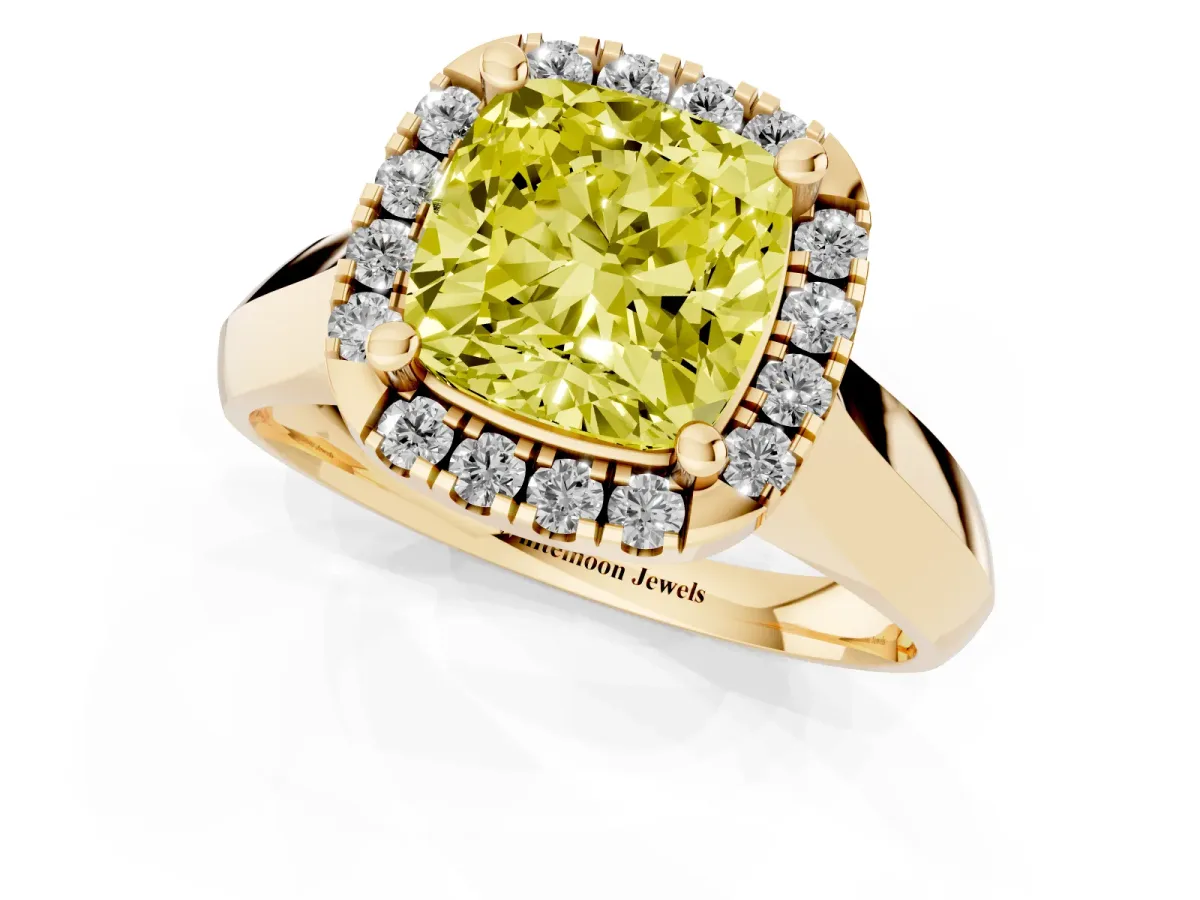 Fancy Yellow Cushion Cut Cut Halo Solitaire Engagement Ring with Square Band and Four-Prong Setting Yellow gold