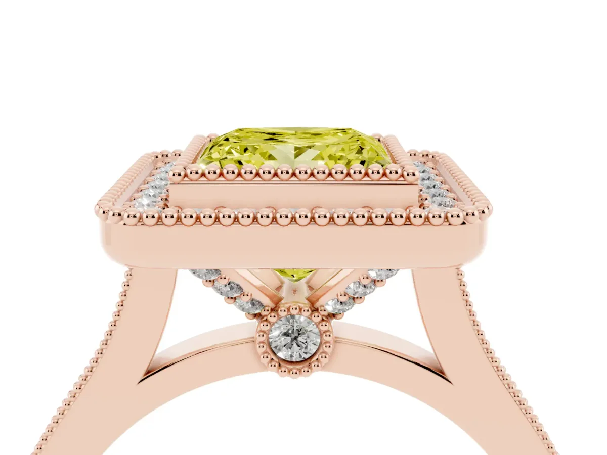 Fancy Yellow Princess Cut Diamond Halo Ring with Milgrain Frame and Pavé Band Rose gold