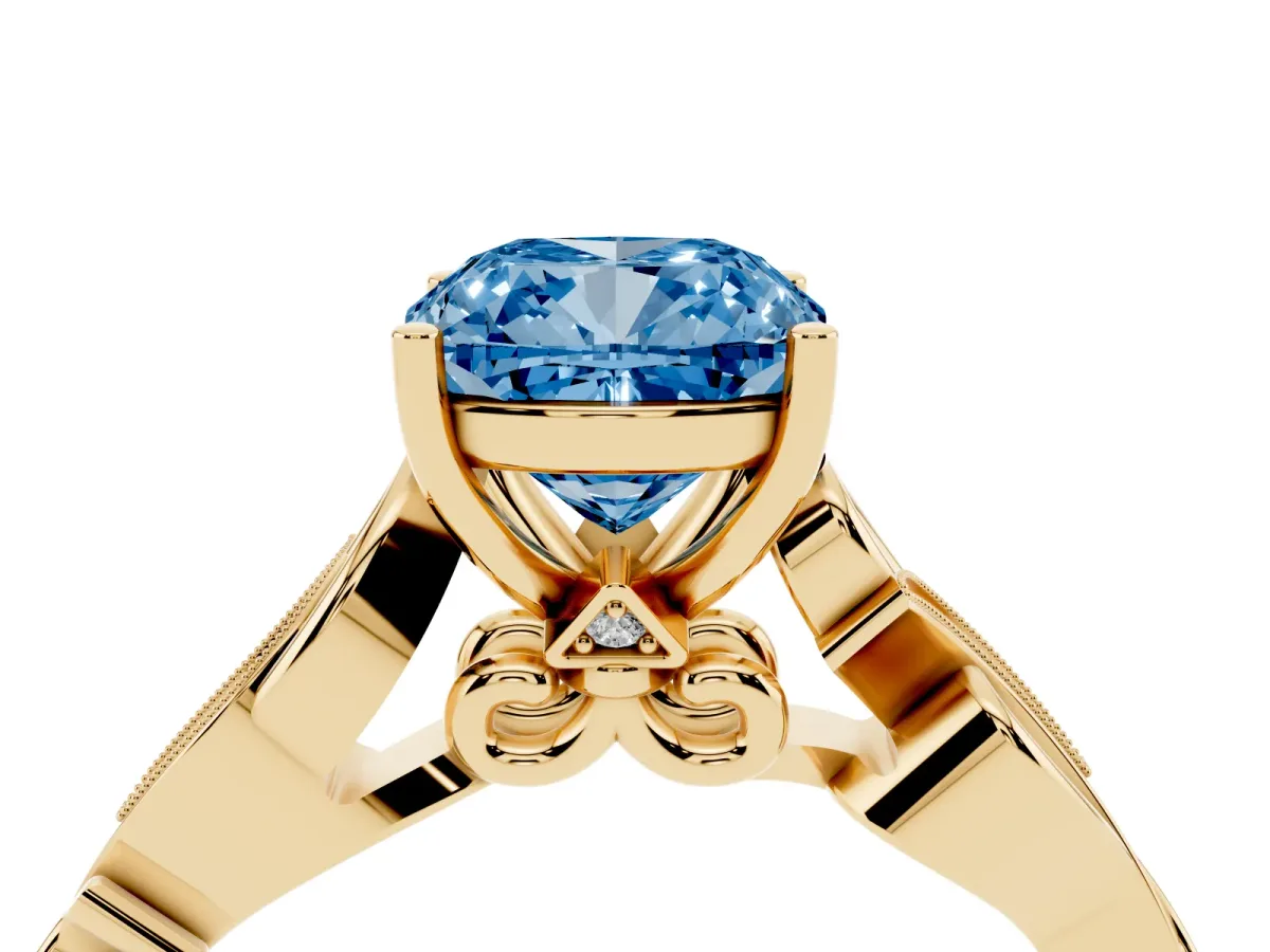 Fancy Blue Cushion Cut Solitaire Vine Band with Milgrain Prong Setting Yellow gold