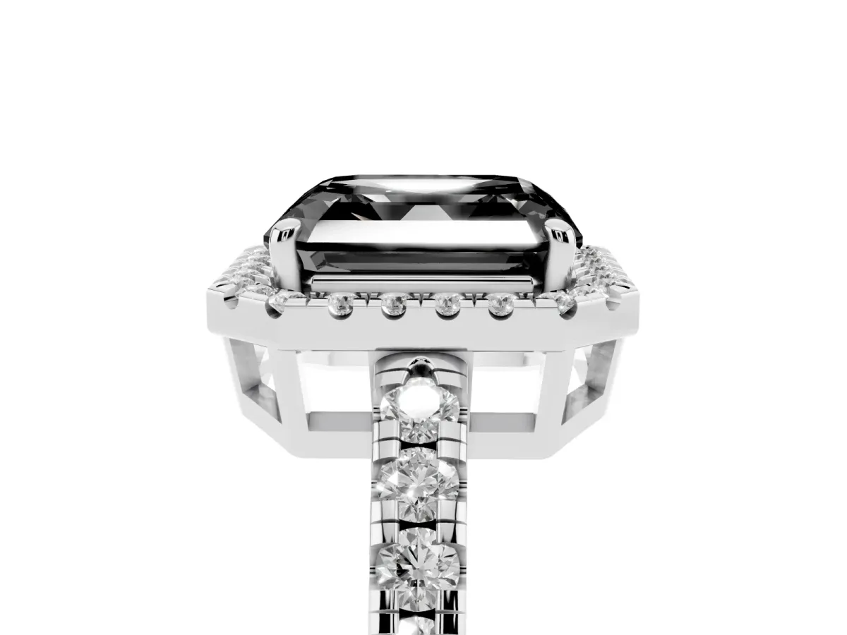 Fancy Black Asscher Cut Diamond Halo Ring with Pavé Band and Four-Prong Setting Silver
