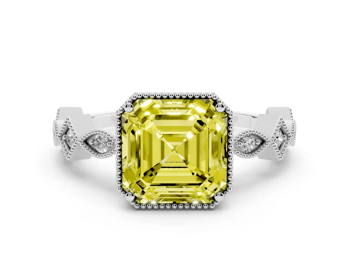 Fancy Yellow Asscher Cut Milgrain Marquise Diamond Twist Band Ring Silver