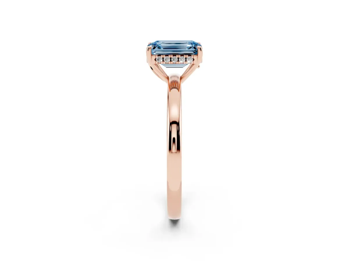 Fancy Blue Emerald Cut Solitaire Diamond Ring with Prong Setting and Plain Band Rose gold