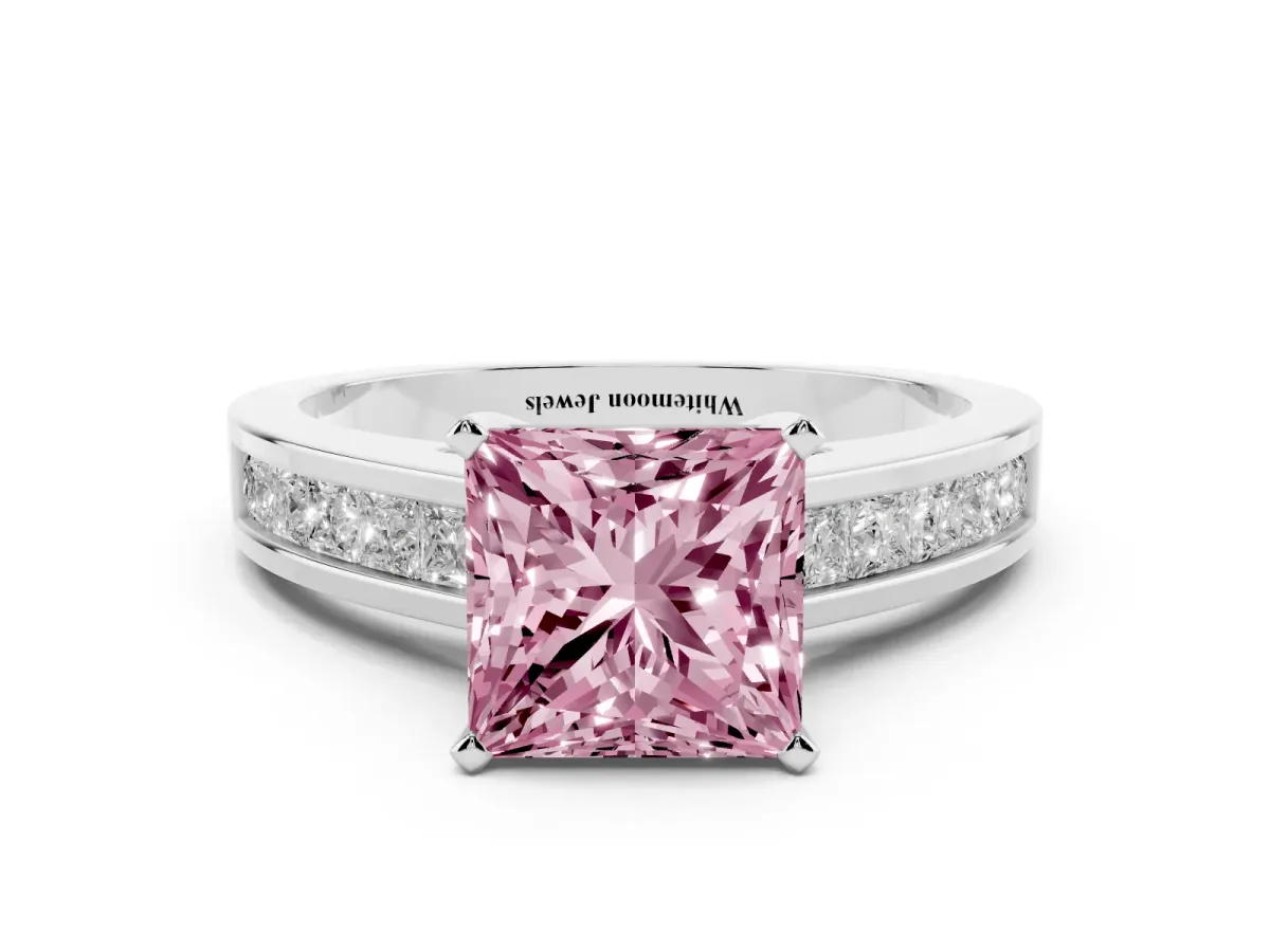 Fancy Pink Princess Cut Solitaire Diamond Ring with Channel-Set Band and Four-Prong Setting White gold