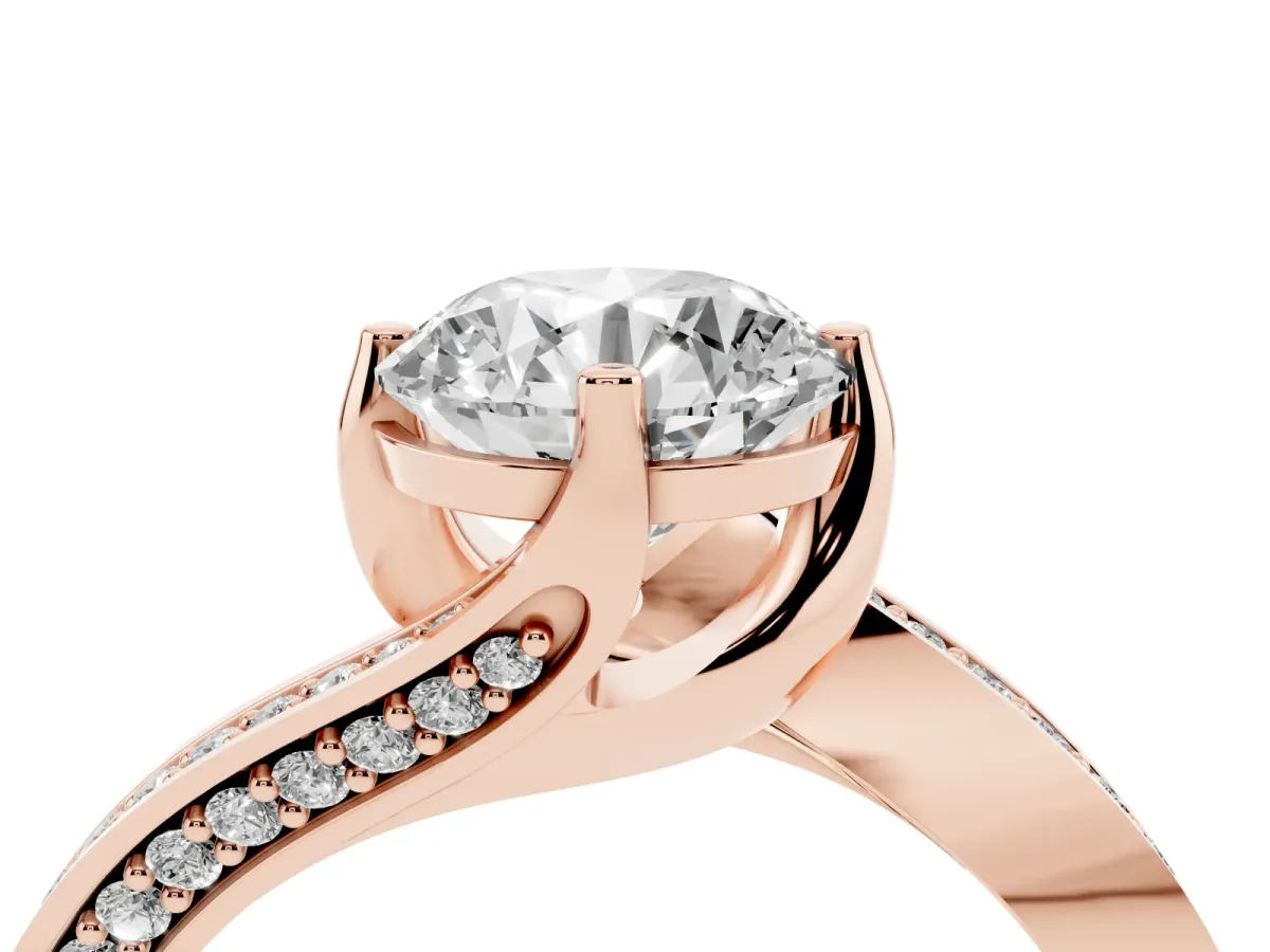 Round Cut Solitaire Diamond Twist Band with Pavé Setting and Four-Prong Setting Rose gold