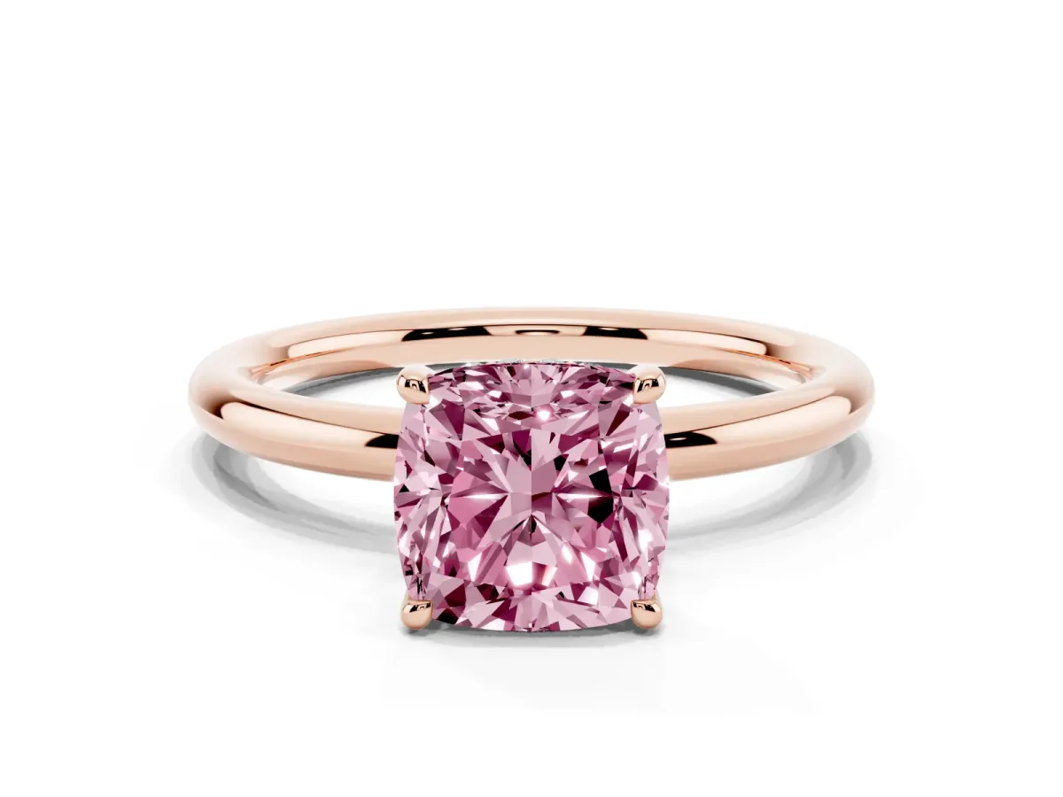 Fancy Pink Cushion Cut Diamond Solitaire Ring with Thin Band and Four-Prong Setting Rose gold