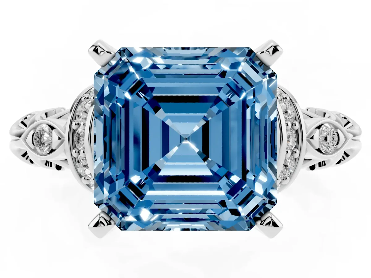 Fancy Blue Asscher Cut Diamond Solitaire Ring with Filigree Band and Four-Prong Setting Silver