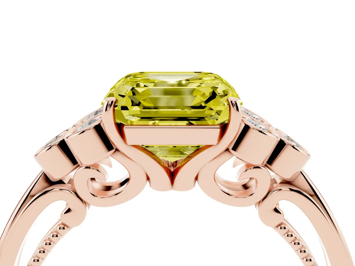 Fancy Yellow Asscher Cut Cut Diamond Engagement Ring with Bezel Set Round Side Stones and Prong Setting Rose gold