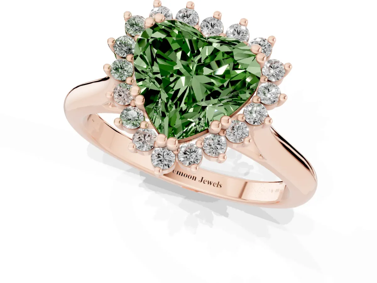 Fancy Green Heart Cut Cut Diamond Halo Ring with Solitaire Band and Prong Setting Rose gold