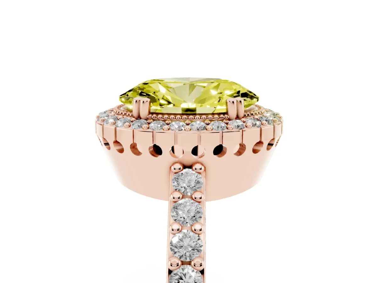 Fancy Yellow Oval Cut Cut Diamond Halo Engagement Ring with Milgrain Detail and Pavé Band Rose gold