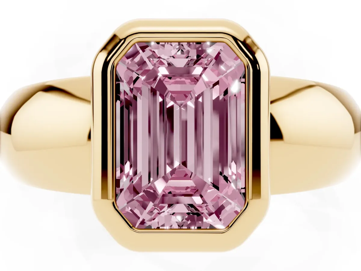 Fancy Pink Bezel Set Emerald Cut Solitaire Ring with Wide Band Yellow gold