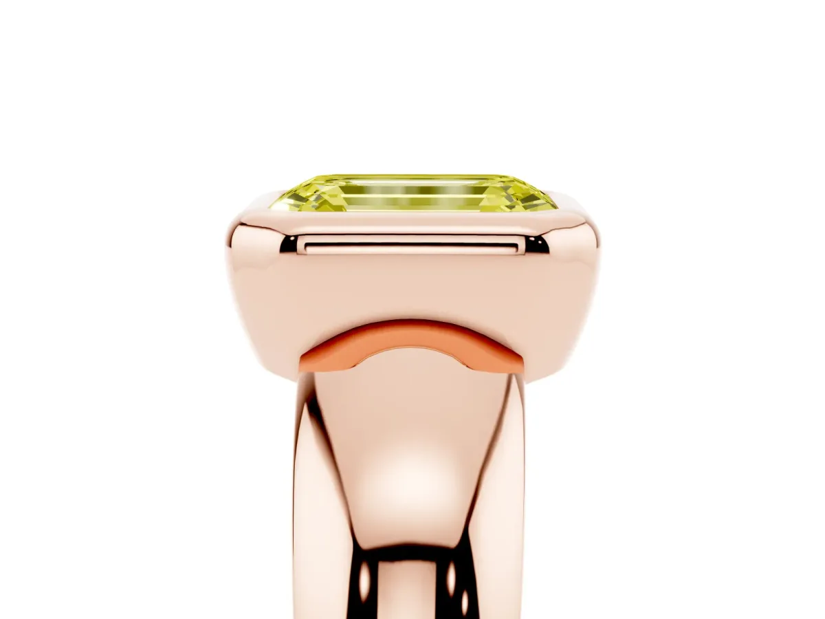 Fancy Yellow Bezel Set Emerald Cut Solitaire Ring with Wide Band Rose gold