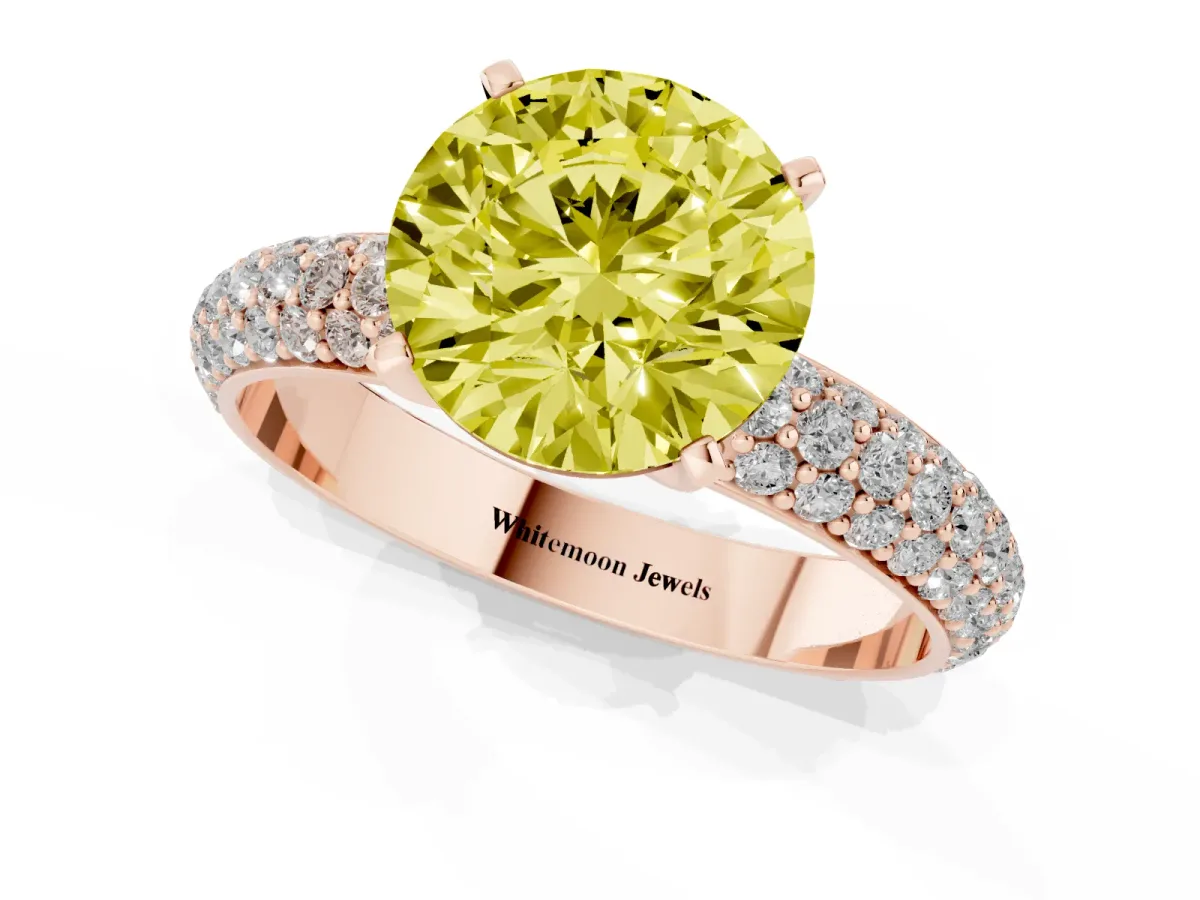 Fancy Yellow Round Cut Diamond Solitaire Ring with Prong Setting and Pavé Band Rose gold
