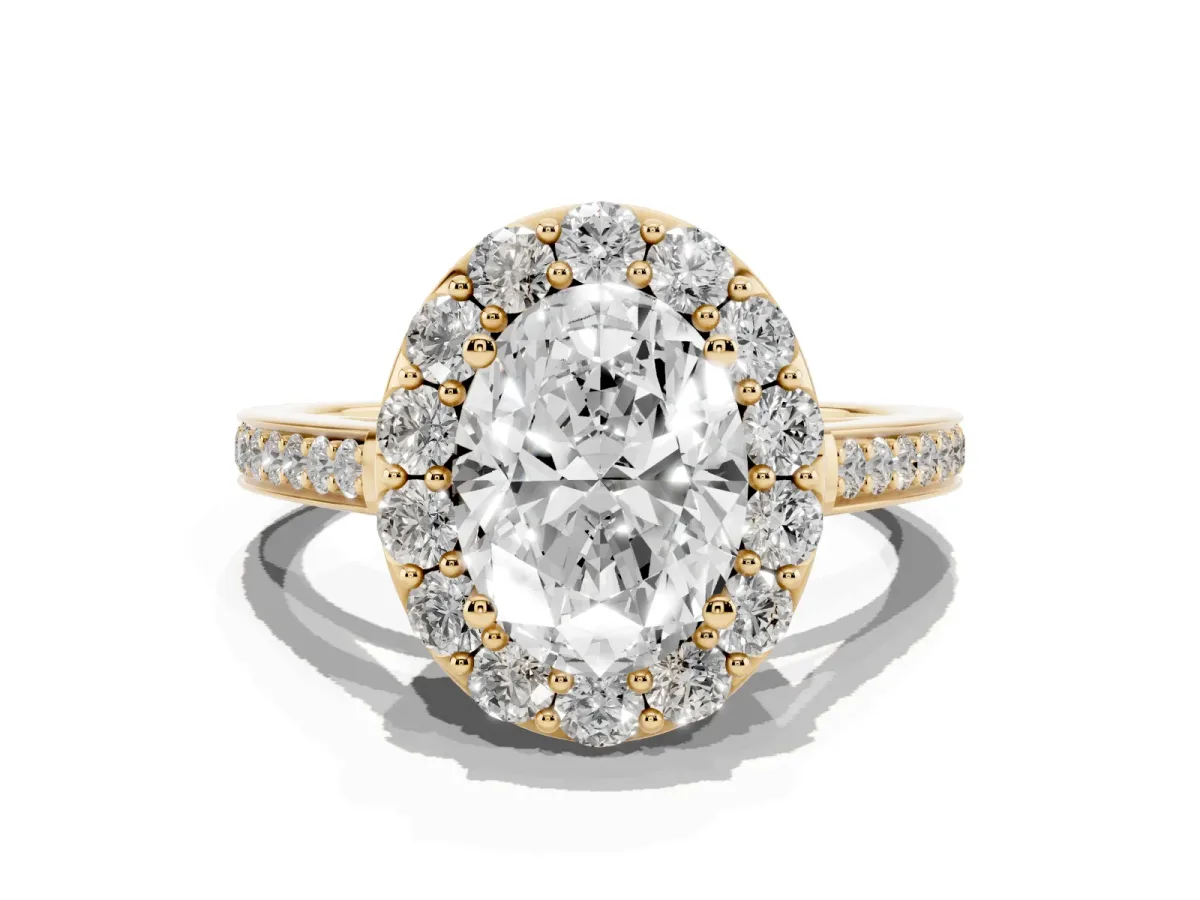 Oval Cut Diamond Floral Halo Ring with Pavé Band and Prong Setting Yellow gold