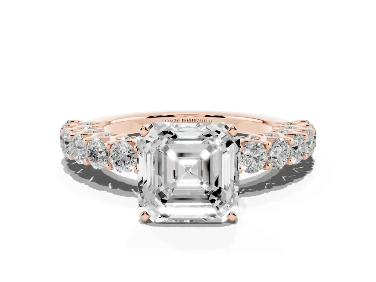 Asscher Cut Diamond Solitaire Ring with Shared Prong Pavé Band and Four-Prong Setting Rose gold