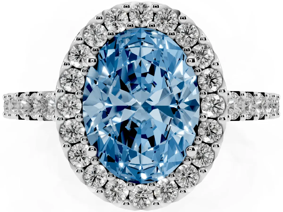 Fancy Blue Oval Cut Halo Diamond Pavé Solitaire Ring Platinum