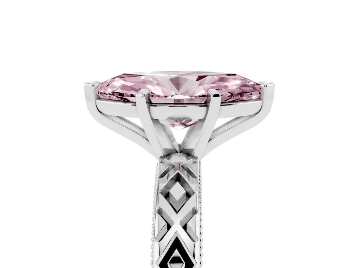 Fancy Pink Marquise Cut Solitaire Diamond Ring with Milgrain and Black Enamel X Pattern Band Silver