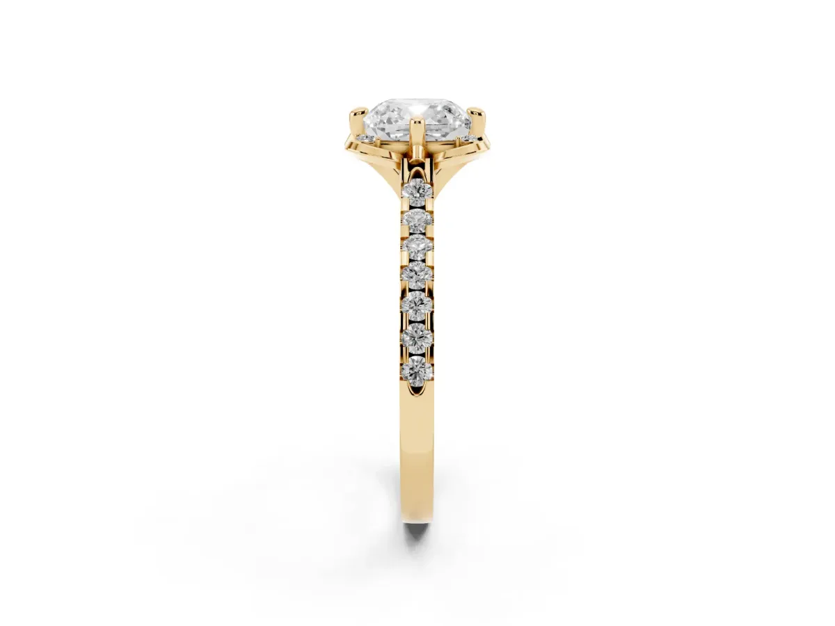 Cushion Cut Diamond Ring with Pavé Band and Floral Prong Setting Yellow gold