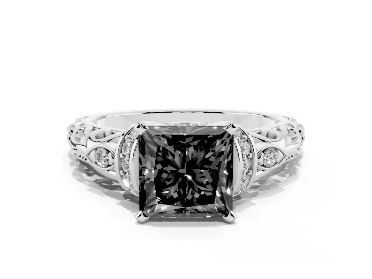 Fancy Black Princess Cut Diamond Solitaire Ring with Filigree Band and Four-Prong Setting Silver