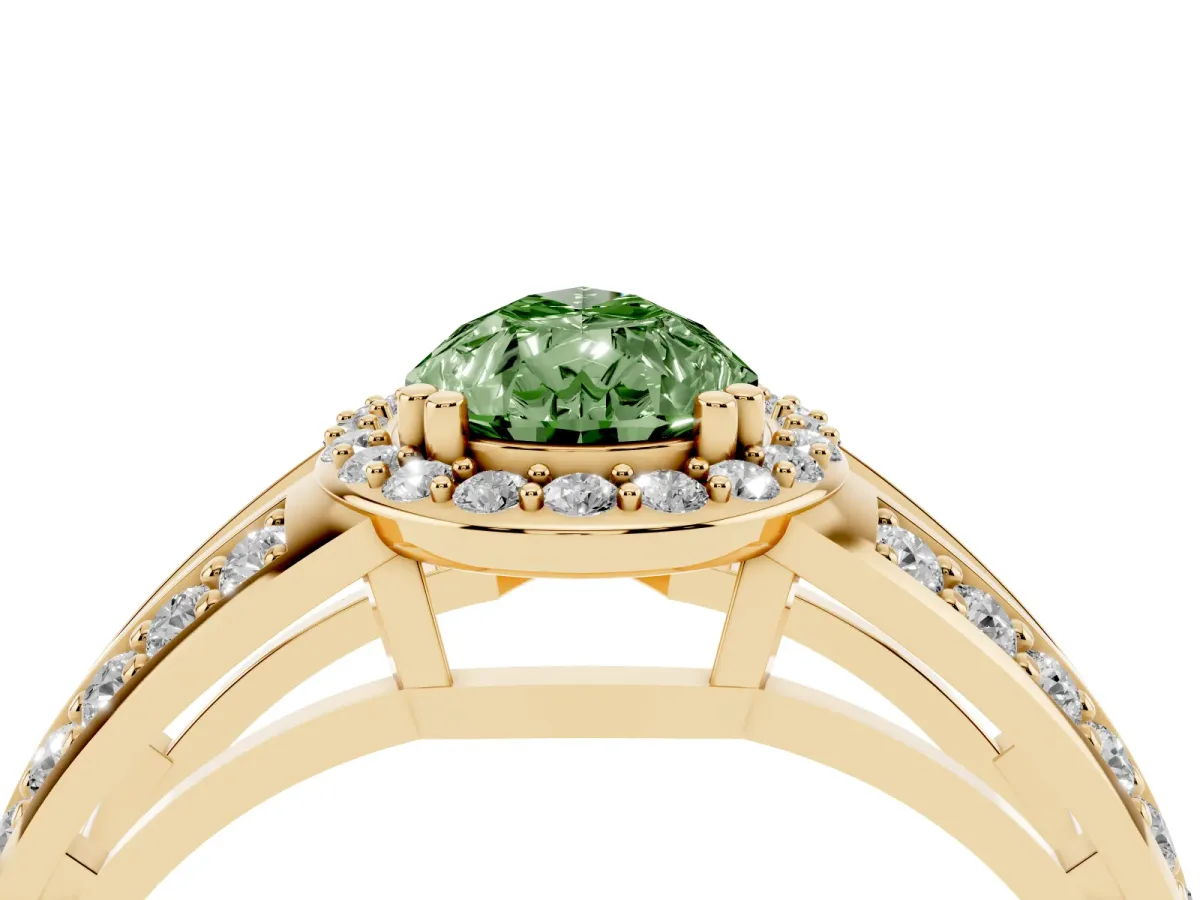 Fancy Green Pear Cut Diamond Halo Ring with Split Shank Pavé Band and Four-Prong Setting Yellow gold