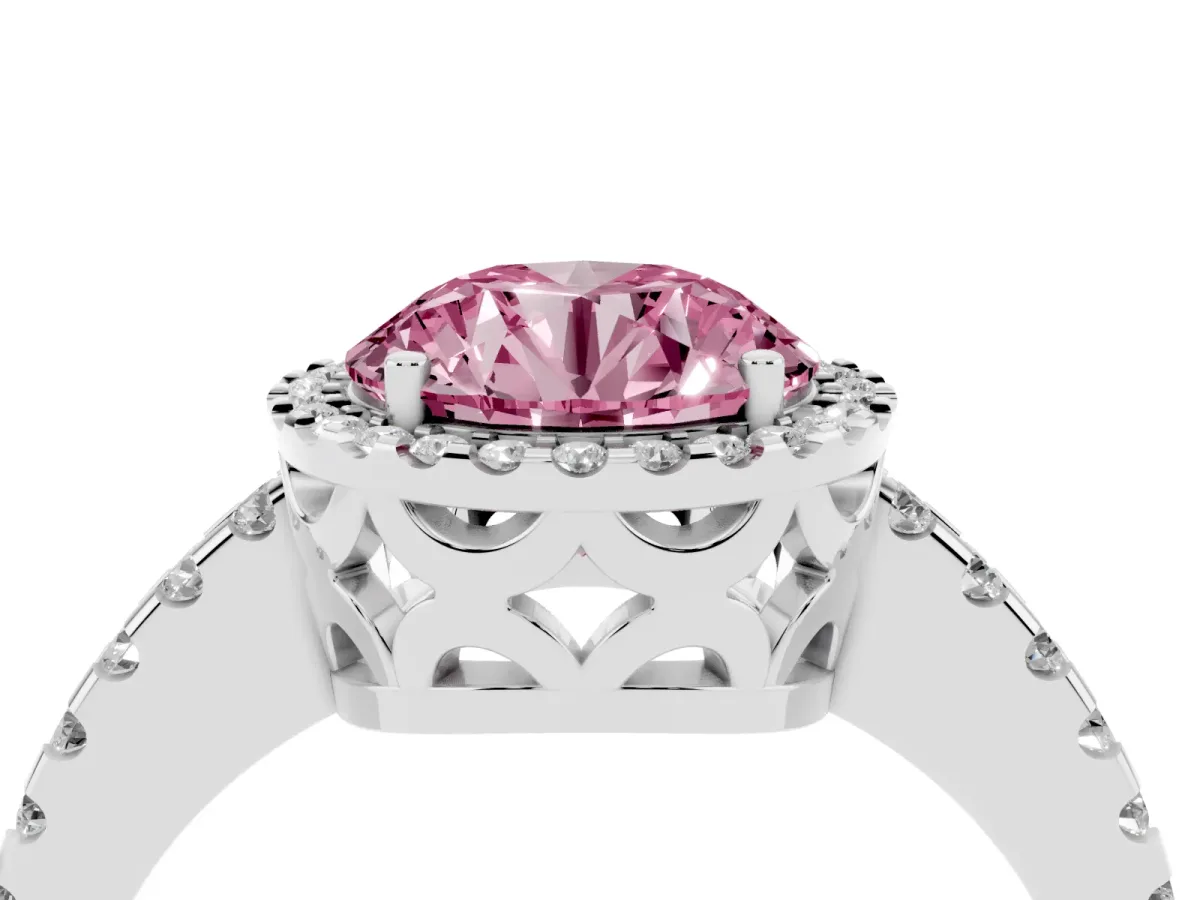 Fancy Pink Round Cut Diamond Halo Engagement Ring with Pavé Band and Prong Setting Platinum