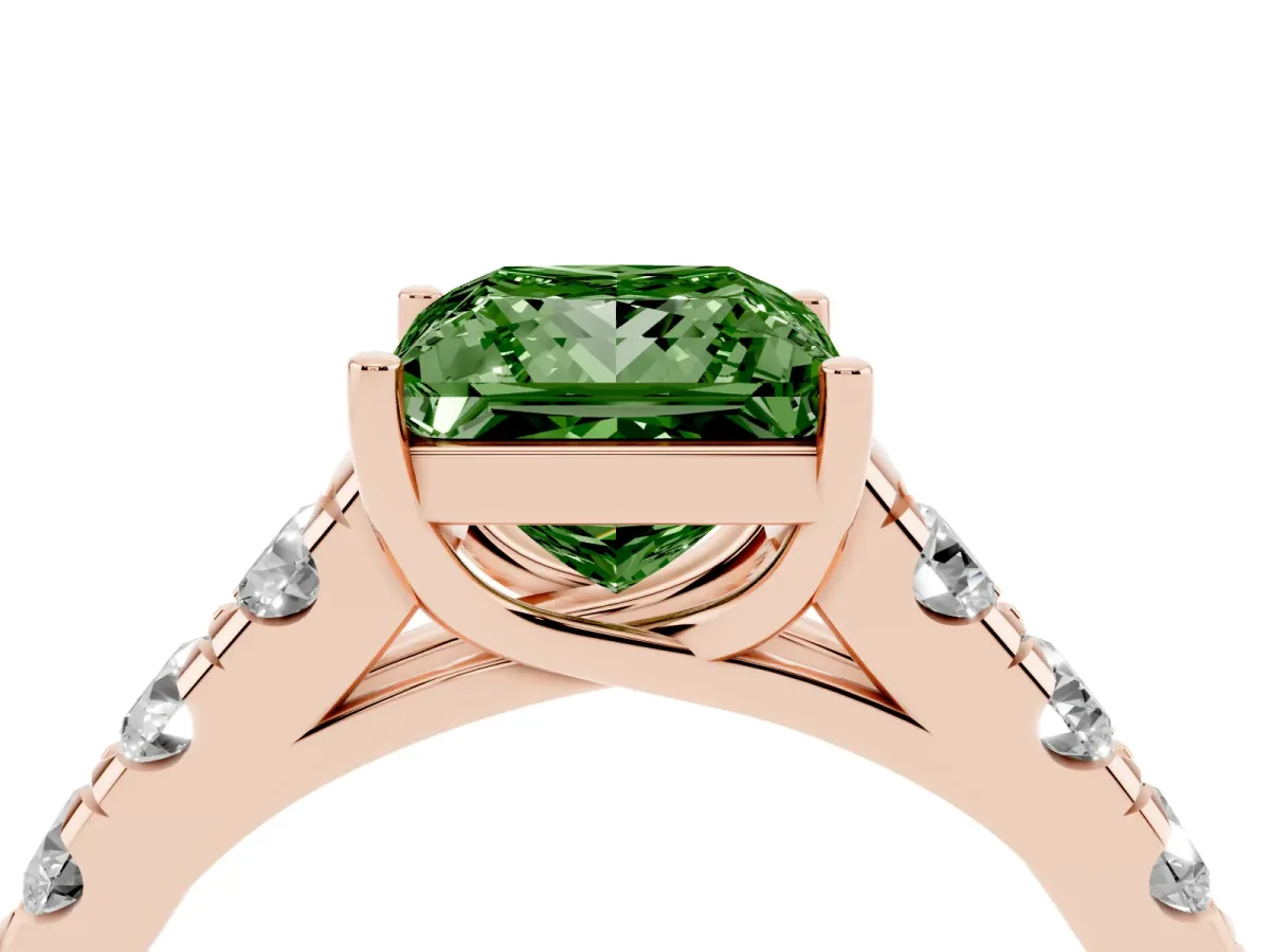 Fancy Green Princess Cut Cut Diamond Solitaire Ring with Micro Pave Band and Prong Setting Rose gold