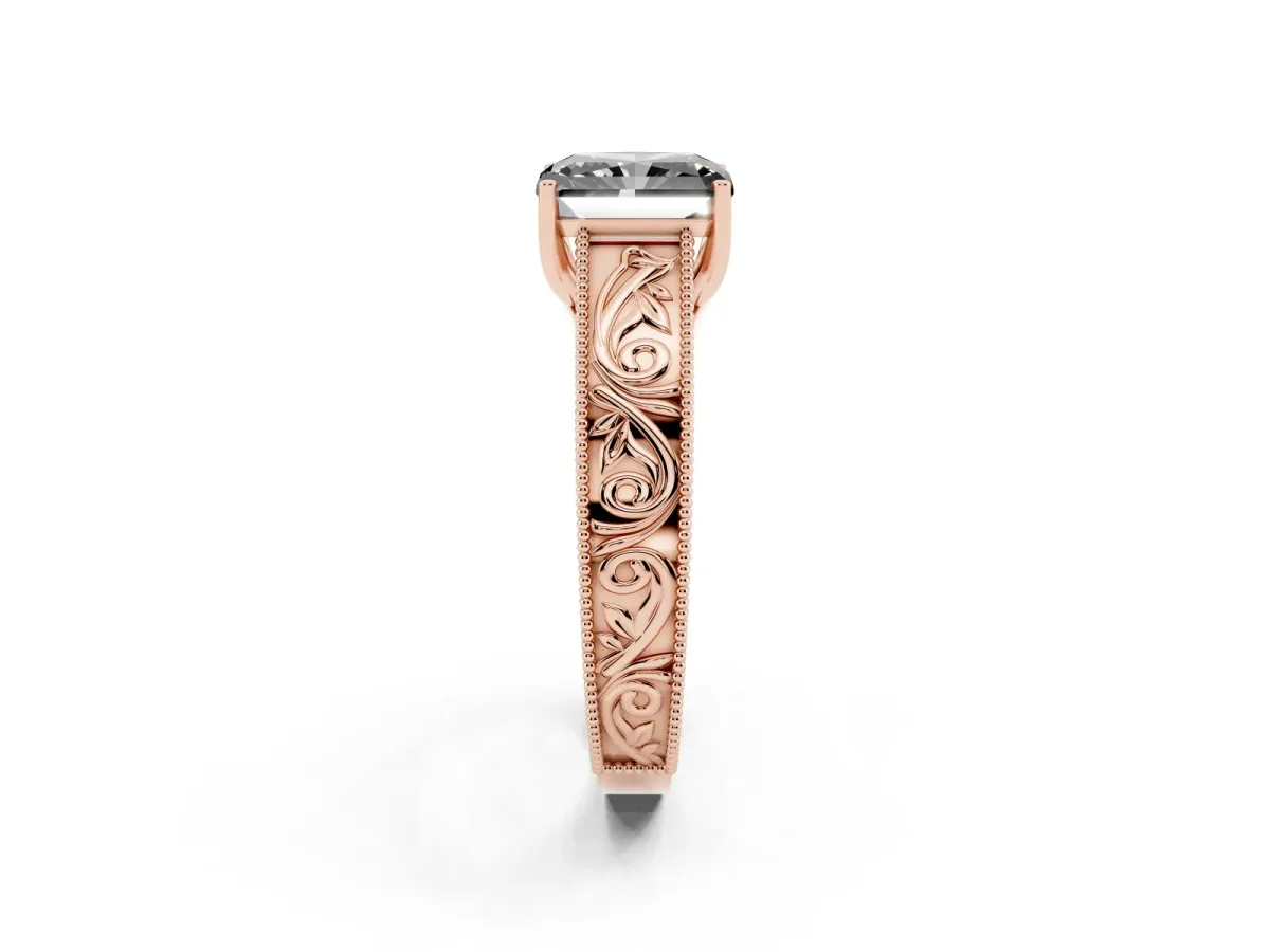 Fancy Black Radiant Cut Diamond Solitaire Ring with Engraved Band and Four-Prong Setting Rose gold
