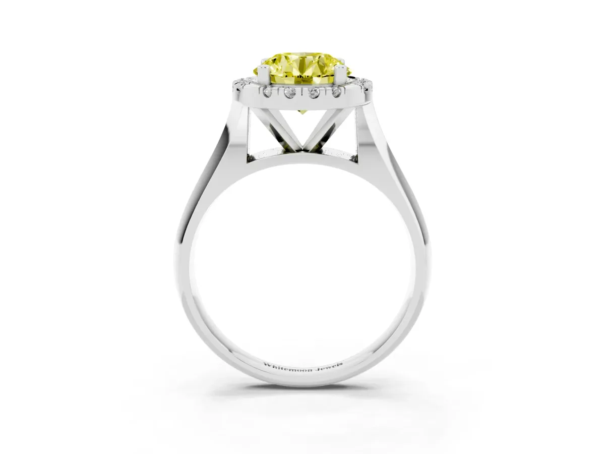 Fancy Yellow Round Cut Cut Halo Solitaire Engagement Ring with Square Band and Four-Prong Setting Silver