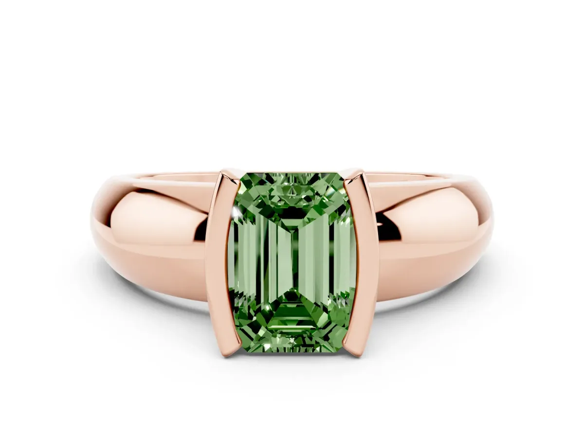 Fancy Green Emerald Cut Solitaire Tension Set Diamond Ring with Wide Band Rose gold
