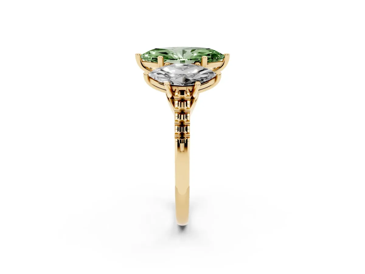 Fancy Green Three-Stone Marquise Cut Diamond Ring with Round Pavé Band and Prong Setting Yellow gold