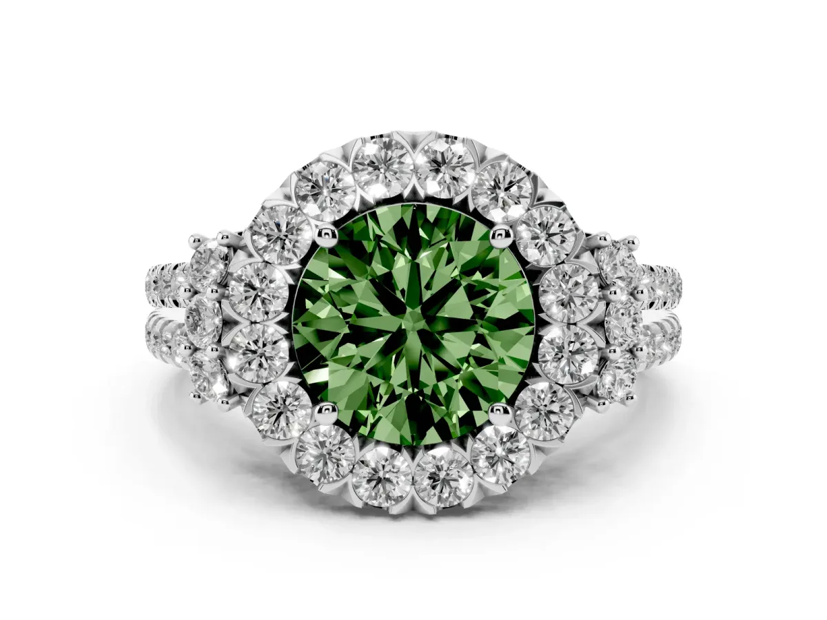 Fancy Green Round Cut Cut Double Halo Diamond Engagement Ring with Pave Band and Four-Prong Setting Silver